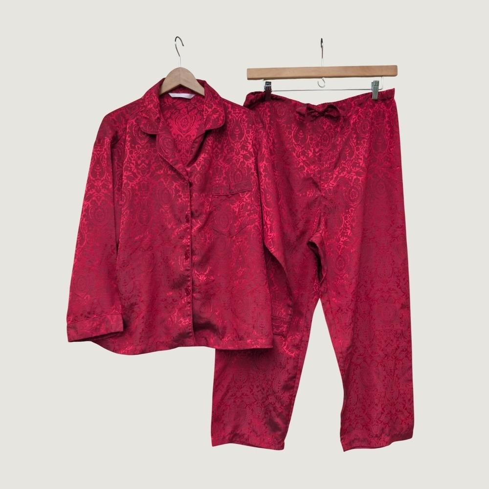 Vintage Victorias Secret Pajamas Womens L Red Damask Jacquard Satin Set 1999